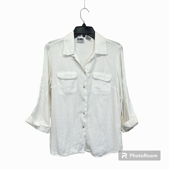Edward Irish Linen Women’s S Blouse Button Down White Floral Beaded 3/4 Sleeve - Picture 1 of 10